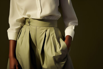 A contemporary fashion model in a moss-green outfit, exuding confidence and style. Chic lady boss pants concept.