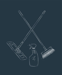 Flat mop, broom and glass cleaner drawing in graphic style on blue background