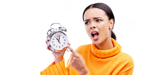 Shouting, clock and face of woman with alarm on isolated, png and transparent background. Time management, angry and annoyed person pointing to watch for schedule, appointment and late for deadline