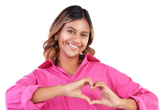 Woman, heart shape and happy in portrait with love, support and wellness isolated on png transparent background. Hand gesture, emoji and kindness, review and sign for care with charity and health