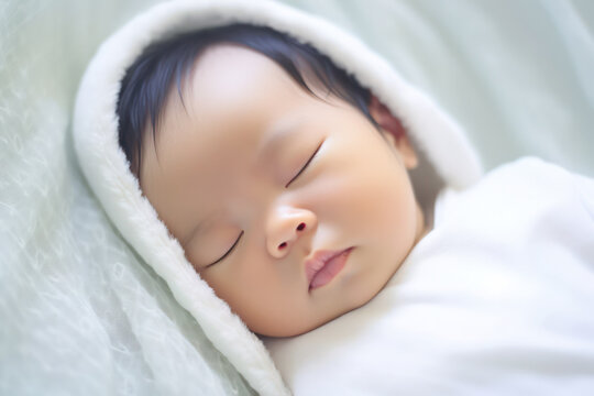 Innocence in Dreams: Cute Asian Baby Sleeps Soundly, Enveloped in a Blanket of Tender Care