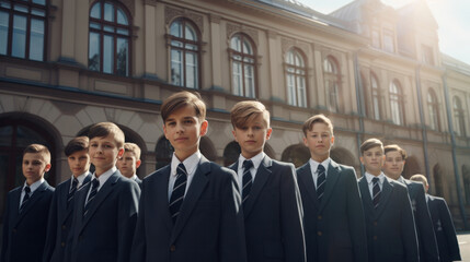 Smart and Uniformed: A Group of Private School Students Stands Proudly in Front of Their School Building.
