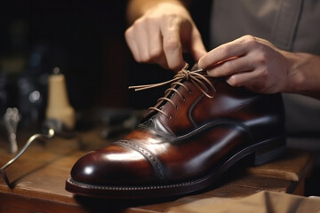 Craftsmanship in Action: Shoemaker Tending to Classic Footwear in Workshop, Offering Shine Service & Pre-season Prep. Close-Up of Brush & Care Products.