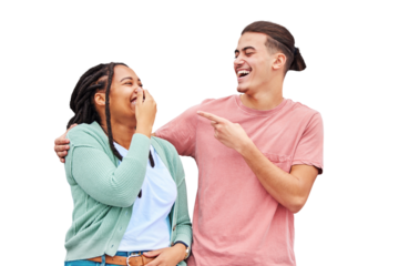 Funny, laughing and couple with love, smile and relationship isolated on a transparent background. Joke, woman or happy man with joy, marriage and bonding with happiness, png and humor with fun