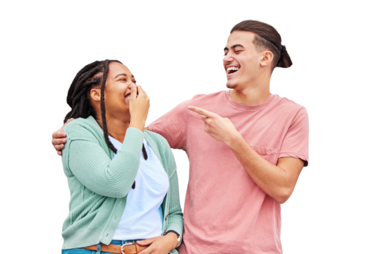 Funny, laughing and couple with love, smile and relationship isolated on a transparent background. Joke, woman or happy man with joy, marriage and bonding with happiness, png and humor with fun