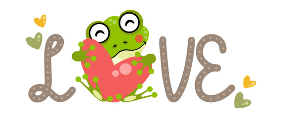 Love word with cute frog holding a heart