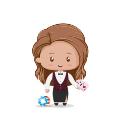 A croupier girl cute character who holds cards and chips casino