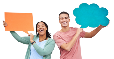 Isolated couple, speech bubble and portrait with smile, social media or quote by transparent png background. Man, woman and diversity with sign, billboard or poster for opinion, voice or mockup space