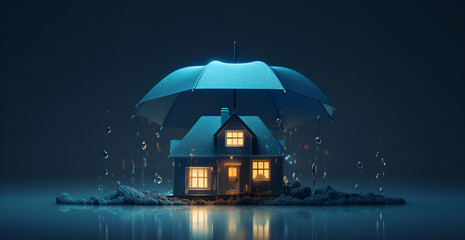 house in the rain at  night, beautiful little house with rain , little house under umbrella in rain  - obrazy, fototapety, plakaty
