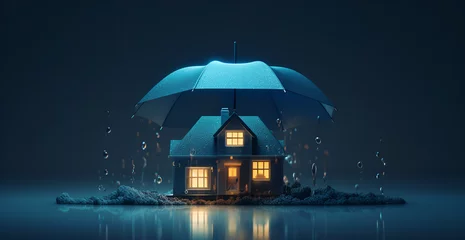 Foto op Canvas house in the rain at  night, beautiful little house with rain , little house under umbrella in rain  © Micro