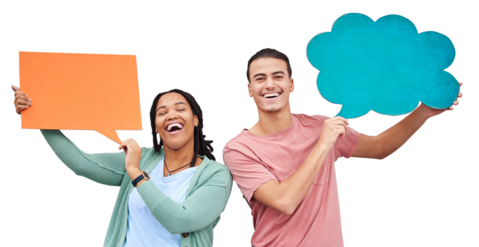 Isolated couple, speech bubble and portrait with smile, social media or quote by transparent png background. Man, woman and diversity with sign, billboard or poster for opinion, voice or mockup space - Powered by Adobe