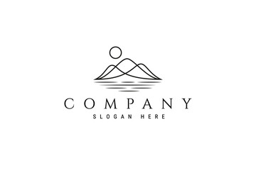 mountain landscape logo with a lake below in sunlight in line art design style
