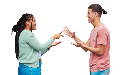 Couple playing rock, paper and scissors with love, smile and relationship isolated on s transparent background. People, black woman and man with happiness, marriage and playful with fun, game and png