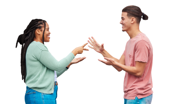 Couple playing rock, paper and scissors with love, smile and relationship isolated on s transparent background. People, black woman and man with happiness, marriage and playful with fun, game and png - Powered by Adobe