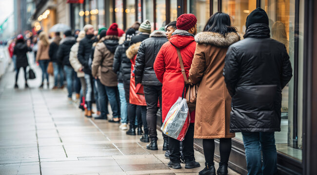 Line of people queued up in line, waiting to buy in a shop, store discounts, scarcity, crowd looking at windows for black friday sales