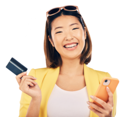 Credit card, phone and woman in portrait for online shopping, e commerce payment or banking loan. Happy asian person on mobile for retail, sale or subscription isolated on transparent png background