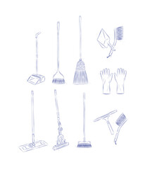 Floor cleaning tools accessories broom, dustpan, mop, gloves, scraper, brush drawing in graphic style on light background