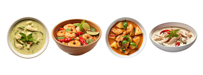 Set of Thai food Green curry chicken,Chicken Massaman Curry,Tom yum kung and Thai chicken coconut soup or Tom kha gai isolated on transparent background. Generative Ai