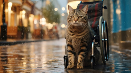 A happy cat with disabled legs uses a wheelchair to walk around the street