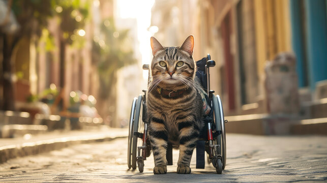 A happy cat with disabled legs uses a wheelchair to walk around the street
