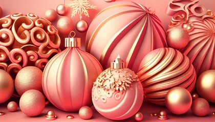 decorations of seasonal luxury pastel color red with gold and pink Christmas ball Christmas concept. Generative in ai