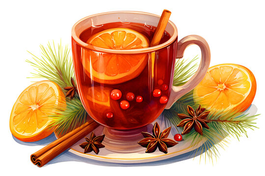 Fragrant citrus hot tea with orange slices and cinnamon, delicious, warming and healthy drink in glass cups on a wooden table