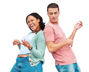 Dance, happy and couple with air guitar for funny laugh isolated on a transparent png background....