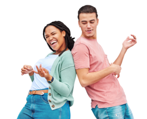 Dance, happy and couple with air guitar for funny laugh isolated on a transparent png background. Excited man, woman and acoustic instrument in band, play music and interracial people party together
