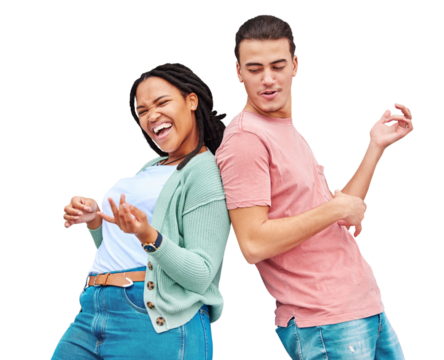 Dance, happy and couple with air guitar for funny laugh isolated on a transparent png background. Excited man, woman and acoustic instrument in band, play music and interracial people party together
