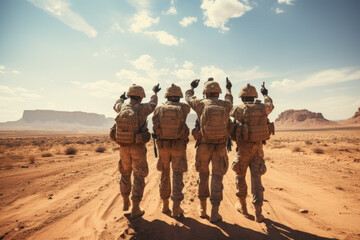 Back view of a group of soldiers in the desert during a combat mission