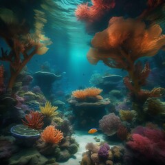 Fototapeta na wymiar A lush underwater garden filled with vibrant, bioluminescent coral and exotic sea creatures3