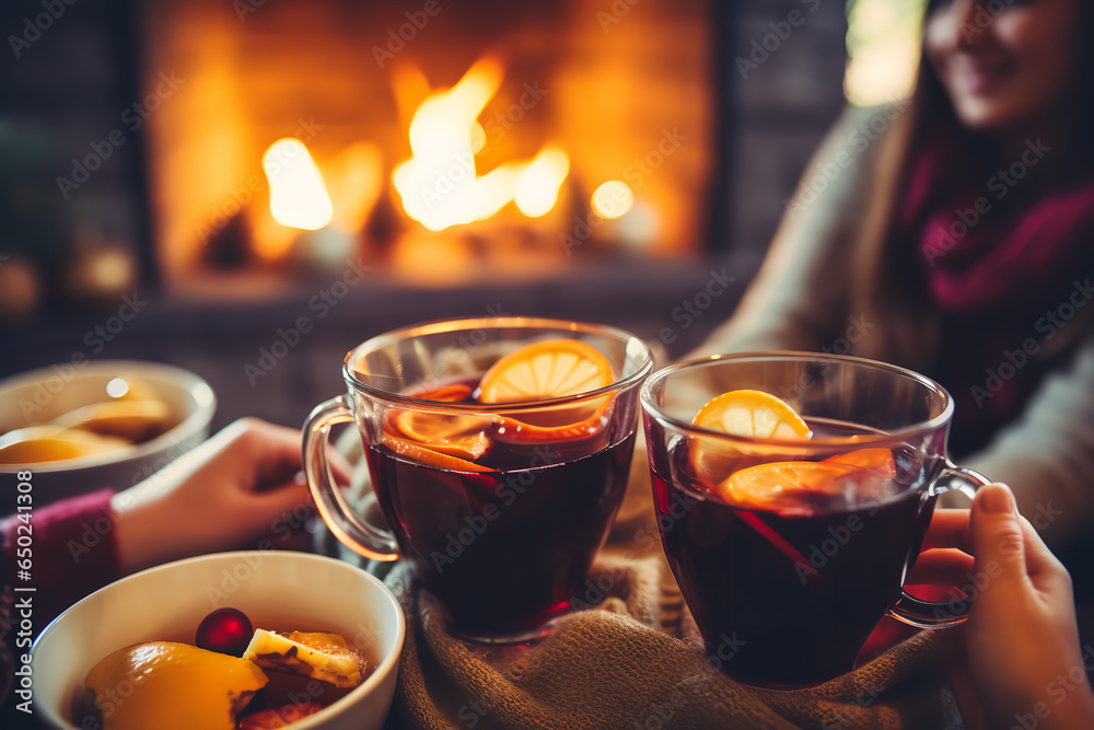 Canvas Prints A family is enjoying cups of mulled wine at home, all snuggled under blankets on the sofa