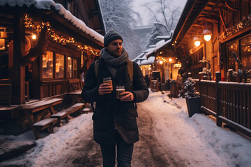 A tourist wearing a winter coat and scarf is sipping mulled wine from a mug while walking through a picturesque, snowy village