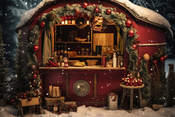 Fototapeta na wymiar A mulled wine booth at a winter fair is adorned with themed decorations like snowflakes and fairy lights, attracting visitors