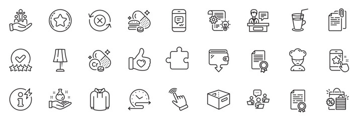 Fototapeta na wymiar Icons pack as Chromium mineral, Inclusion and Chemistry lab line icons for app include Cogwheel, Table lamp, Loyalty star outline thin icon web set. Puzzle, Wallet, Reject refresh pictogram. Vector