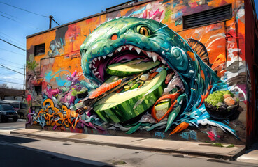 Fantastic graffiti depicting sushi in anime style. Generative AI