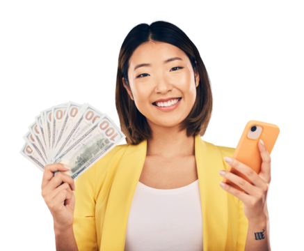 Woman, winner and phone for money success, finance and online bonus, profit and cashback prize. Portrait of asian person with mobile for competition and cash isolated on a transparent, png background