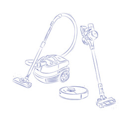 Vacuum cleaner types regular, cordless, robot drawing in graphic style on light background
