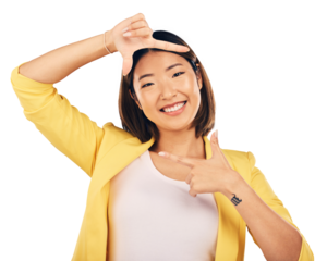 Happy asian woman, portrait and hands in frame for photography isolated on a transparent PNG background. Female person or photographer smile and framing face for photograph, picture or selfie moment