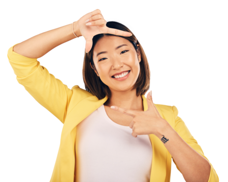 Happy asian woman, portrait and hands in frame for photography isolated on a transparent PNG background. Female person or photographer smile and framing face for photograph, picture or selfie moment