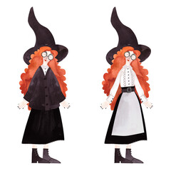 A slender, beautiful, smiling, cheerful young witch with a mop of bright red curls wearing glasses, a white vintage blouse, a black skirt and boots with laces and pointed hat. Watercolor hand drawn