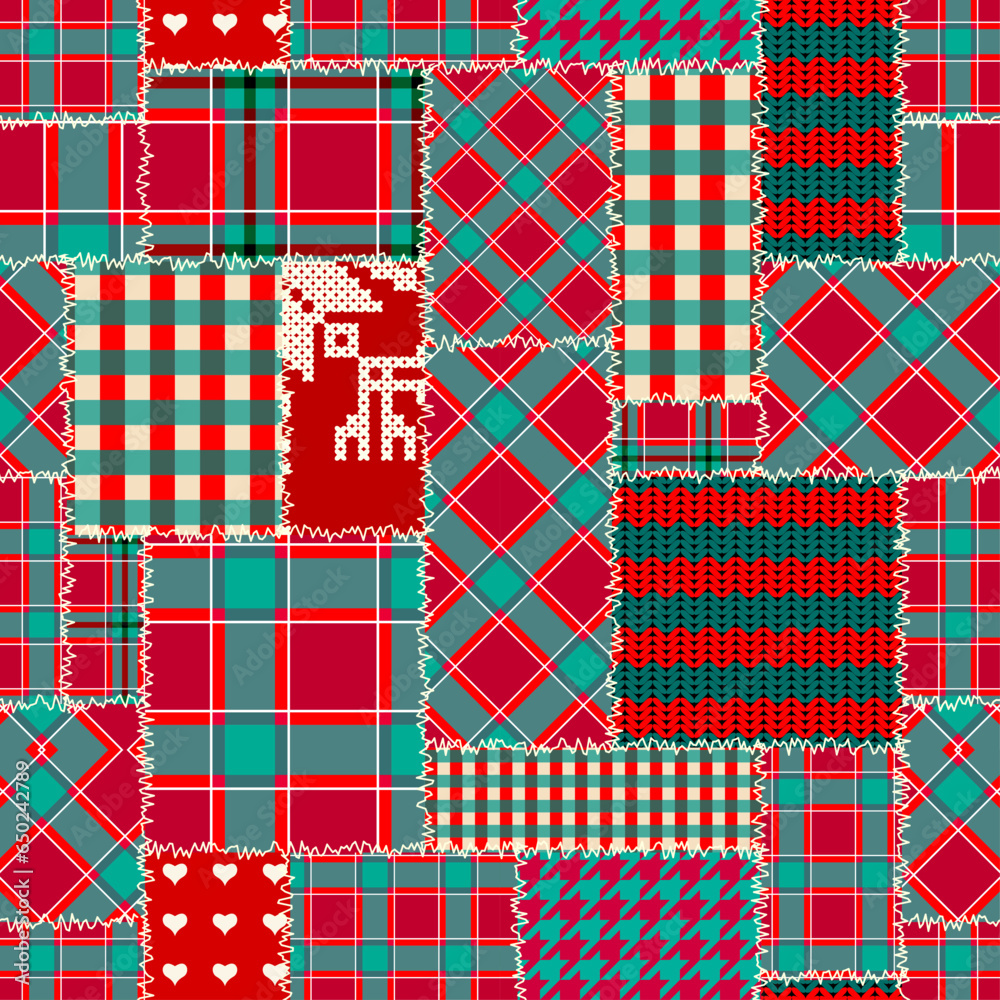 Poster Patchwork textile pattern. Seamless quilting design background. Merry Christmas cozy pattern.