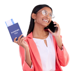 Woman, phone call and thinking of passport with travel communication and USA ticket booking. Business person on mobile with identity document and flight ticket isolated on transparent, png background