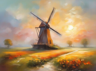 dutch windmill at sunset - Created with Generative AI Technology