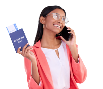 Woman, phone call and thinking of passport with travel communication and USA ticket booking. Business person on mobile with identity document and flight ticket isolated on transparent, png background - Powered by Adobe