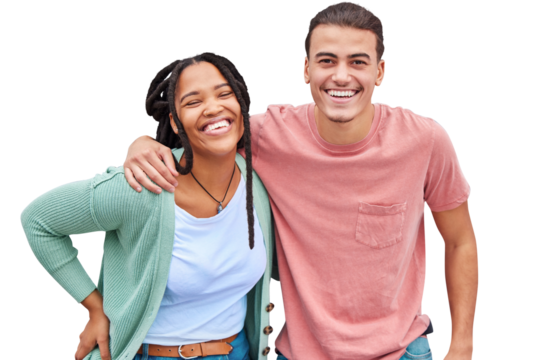 Happy couple, connection and portrait for happiness or love with romance isolated on transparent png background. Interracial people, hug and smiles for date or boyfriend, casual clothing and relaxing