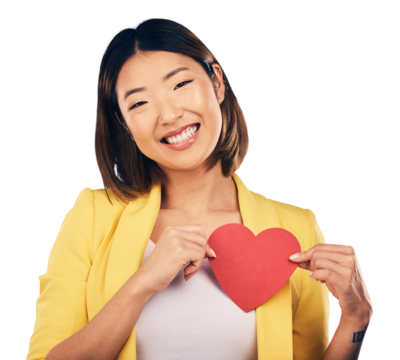 Happy, paper heart and portrait of Asian woman with care, valentines day or support for emotion. Smile, kindness and young Japanese female model with love sign isolated by transparent png background.
