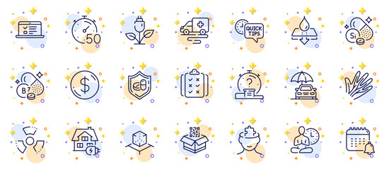 Outline set of Rule, Dollar money and Water resistant line icons for web app. Include Yoga, Biotin vitamin, Qr code pictogram icons. Quick tips, Web lectures, Calendar signs. Vector