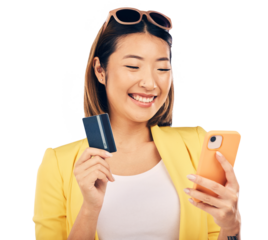 Credit card, phone and woman with online shopping, e commerce and fintech payment or loan news. Excited asian person on mobile for banking app and debit success isolated on transparent png background