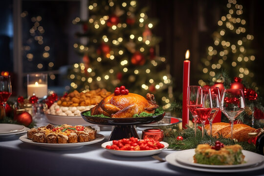 Christmas themed dinner table with variaty of delisious dishes